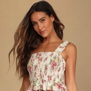 Lulus Blooming Views Beige Floral Print Ruffled Smocked Tank Top Size Medium